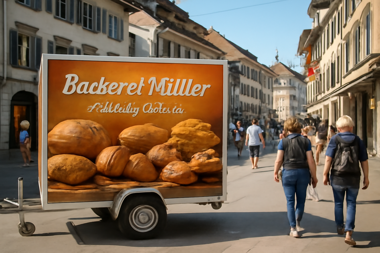Werbeanhänger mit Bäckerei-Werbung