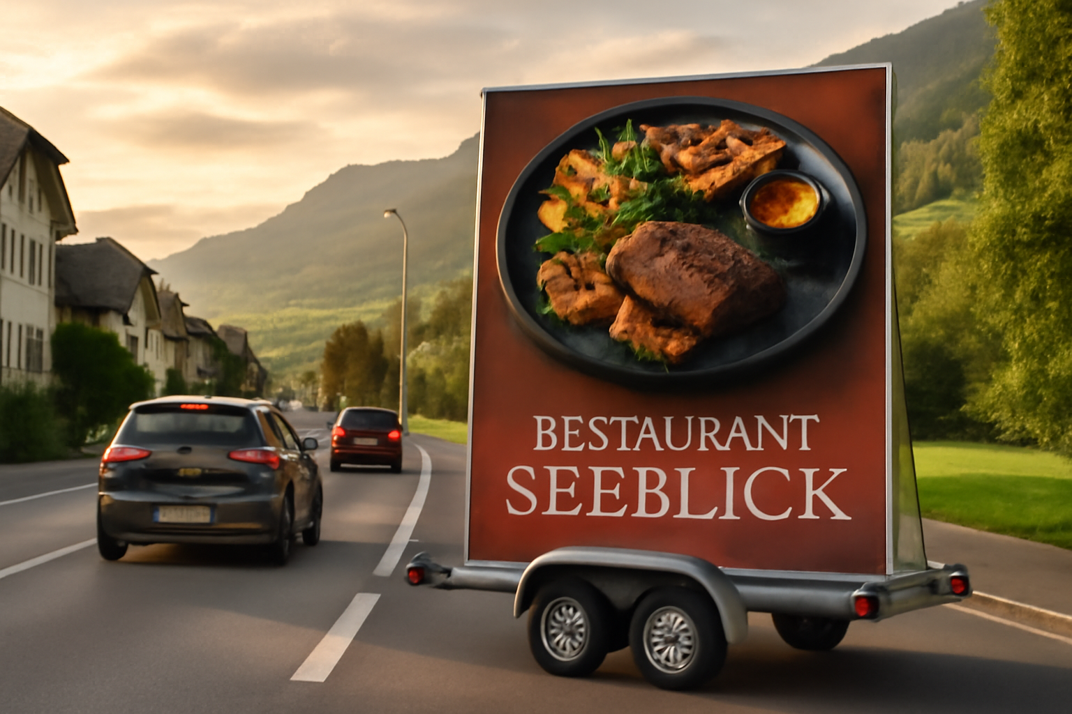 Werbeanhänger mit Restaurant-Werbung
